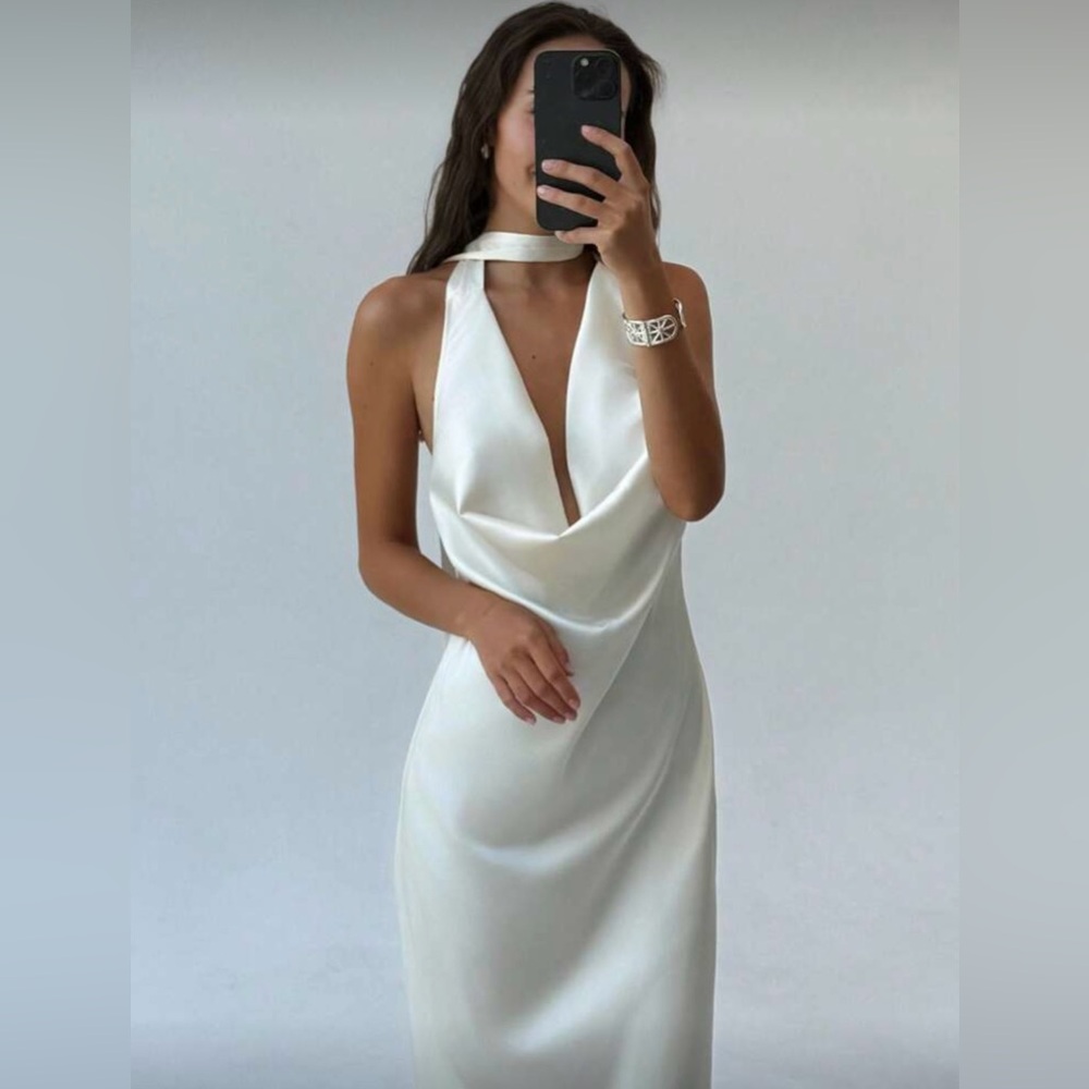 Ivory/Cool Champagne Satin Halter Dress – XS – Engagement, Bridal, Bachelorette